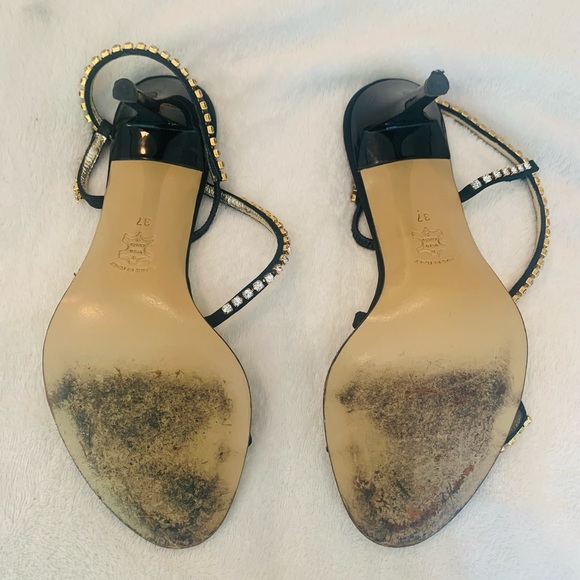 JULIEN MACDONALD black satin strappy sandal heels with rhinestones VTG - Picture 9 of 13